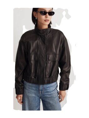 Madewell  L black Lambskin Leather Bomber Jacket Stand Collar Patch pocket SOFT